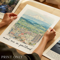 Meet Me in Portland Print,  Portland Skyline Art with Mount Hood - Travel Wall Decor