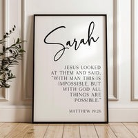 Matthew 19:26 "With man this is impossible, but with God all things are possible.",  Personalized with Name,  Typography Art Print