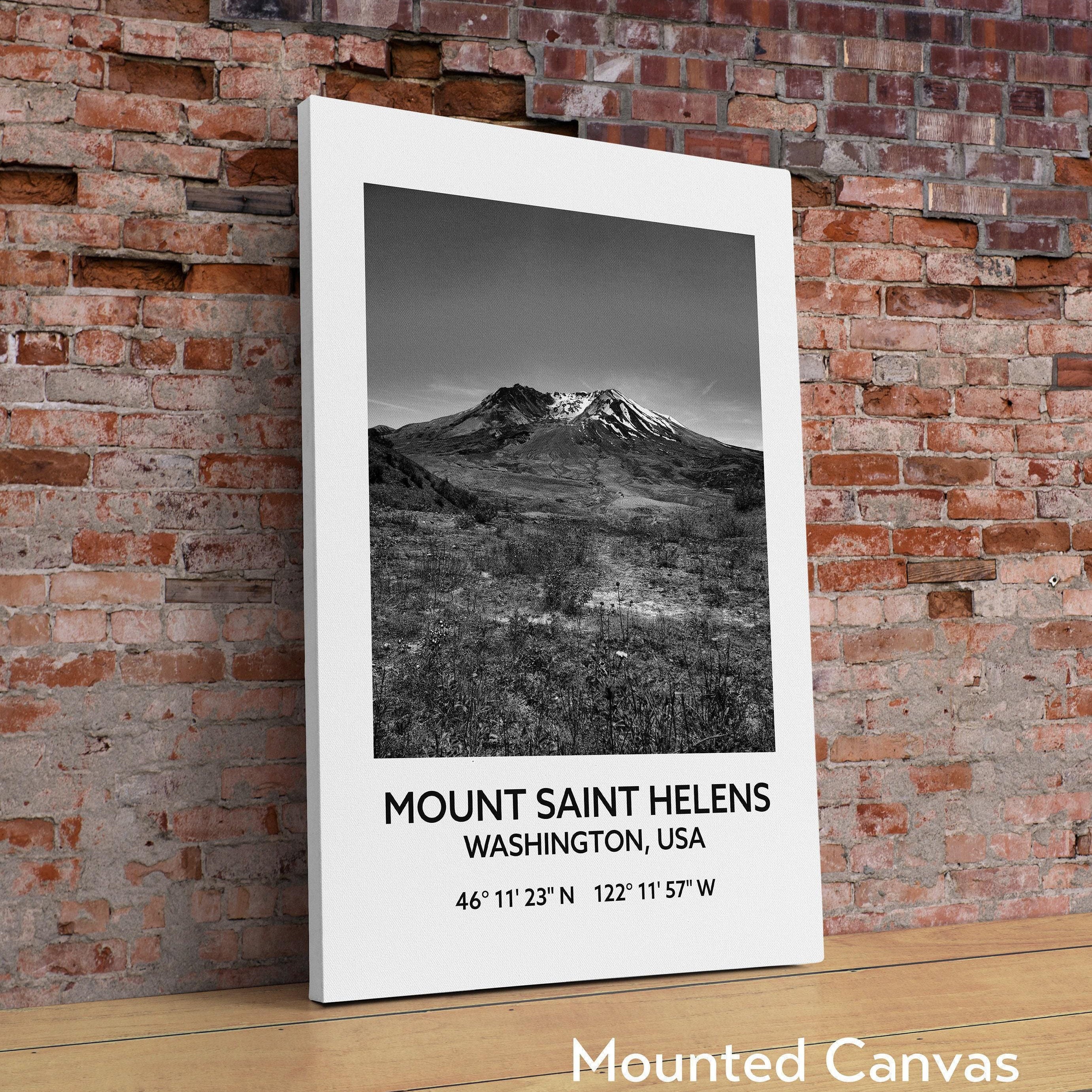 Mount Saint Helens Washington USA with GPS Coordinates Black & White Photography Art Print,  Travel - Hiking - Nature - Wildflowers