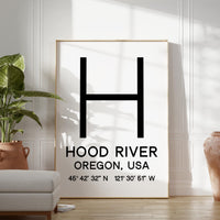 Hood River, Oregon with GPS Coordinates Typography Art Print,  Minimalist Wall Art