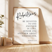 Be Devoted to One Another in Love, Romans 12:10,  Personalized with Name,  Typography Art Print,  Christian,  Wedding,  Anniversary