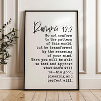 Romans 12:2 Scripture Art Print, Christian Typography Wall Art