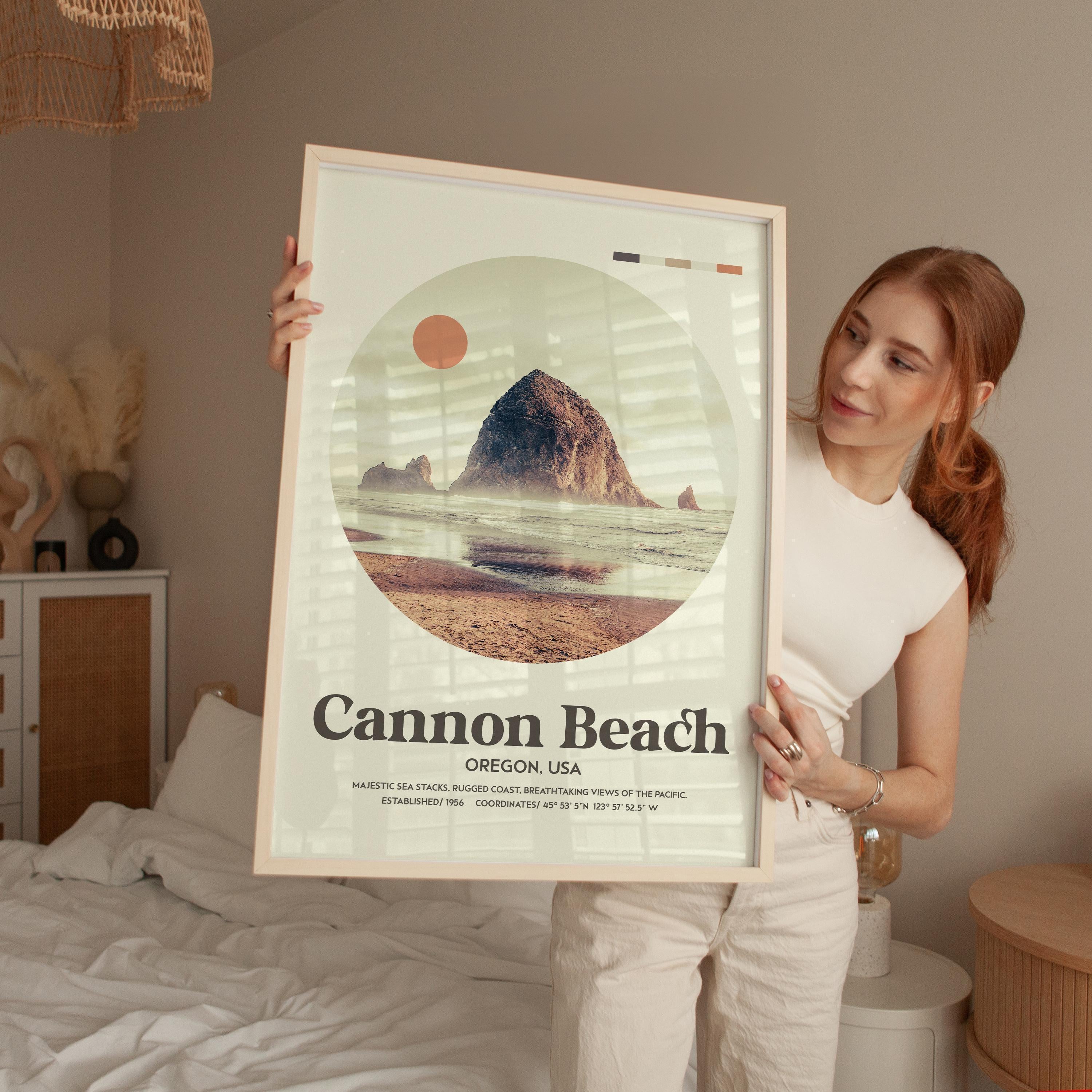 Cannon Beach, Oregon,  MidCentury Modern,  Featuring GPS Coordinates,  Typography Art Print