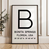 Bonita Springs, Florida with GPS Coordinates Minimalist Typography Art Print