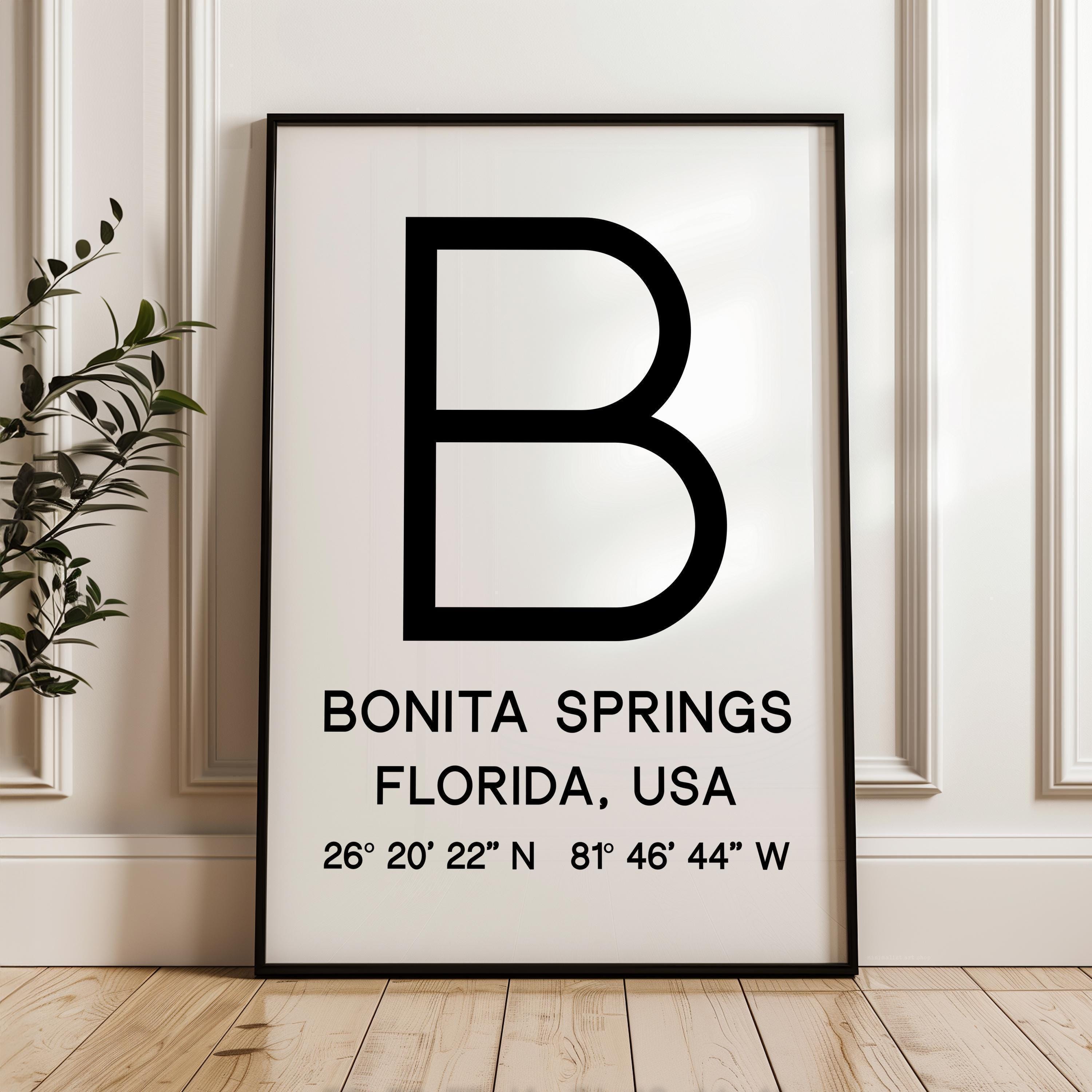 Bonita Springs, Florida with GPS Coordinates Minimalist Typography Art Print