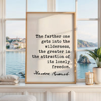 a framed quote by Theodore Roosevelt, "The farther one gets into the wilderness, the greater is the attraction of its lonely freedom." The quote is displayed in a white frame, which is placed on a windowsill overlooking a scenic view of a body of water and a distant island.