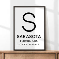 Sarasota, Florida with GPS Coordinates Minimalist Typography Art Print