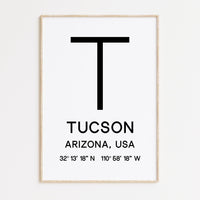 Tucson Arizona with GPS Coordinates Typography Minimalist Art Print