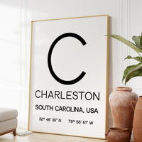 Charleston, South Carolina with GPS Coordinates Typography Art Print,  Office - Home Decor - Restaurant - Apartment - Condo - Gift Ideas