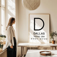 Dallas, Texas with GPS Coordinates Minimalist Art Print,  Travel,  Decor