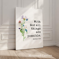 Matthew 19:26 Verse Print, With God All Things Are Possible, Christian Art, Floral