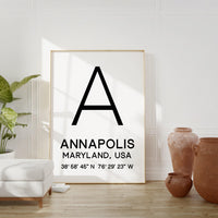 Annapolis, Maryland with GPS Coordinates Minimalist Art Print