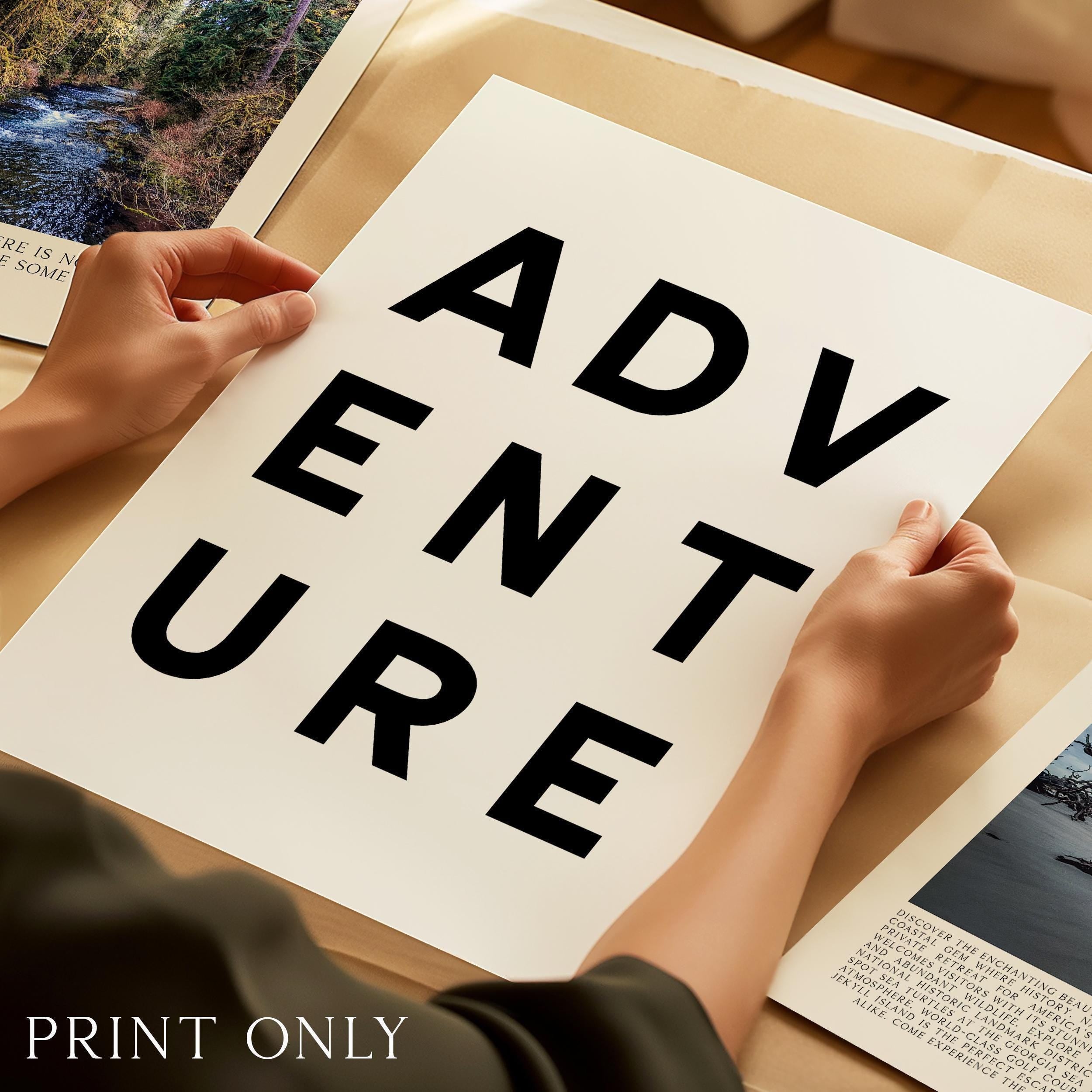 Adventure Typography Wall Art, Minimalist Black and White, Modern Travel Decor Print