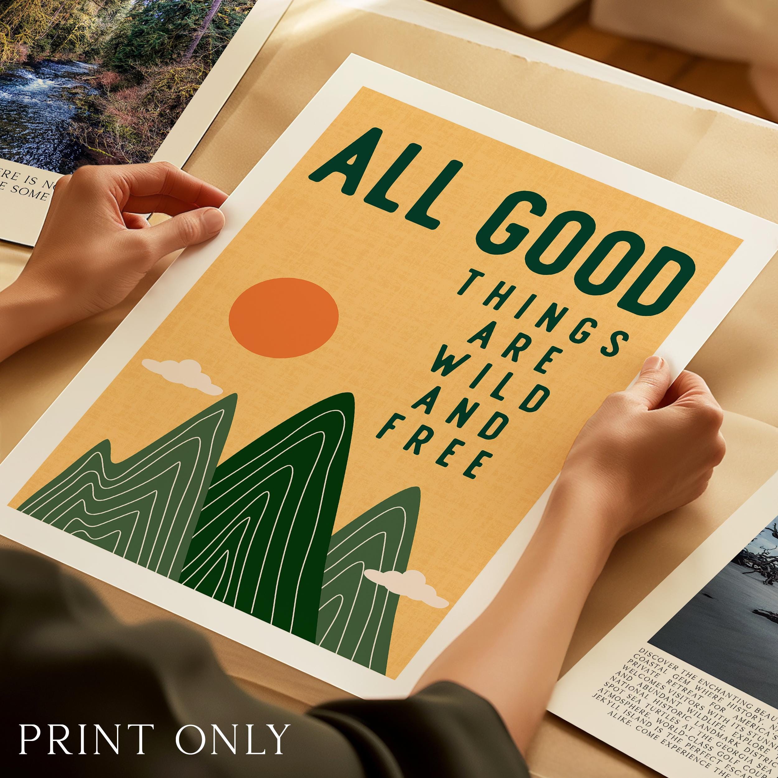 All Good Things Are Wild And Free Print, Retro Mountain Wall Art, Thoreau Quote