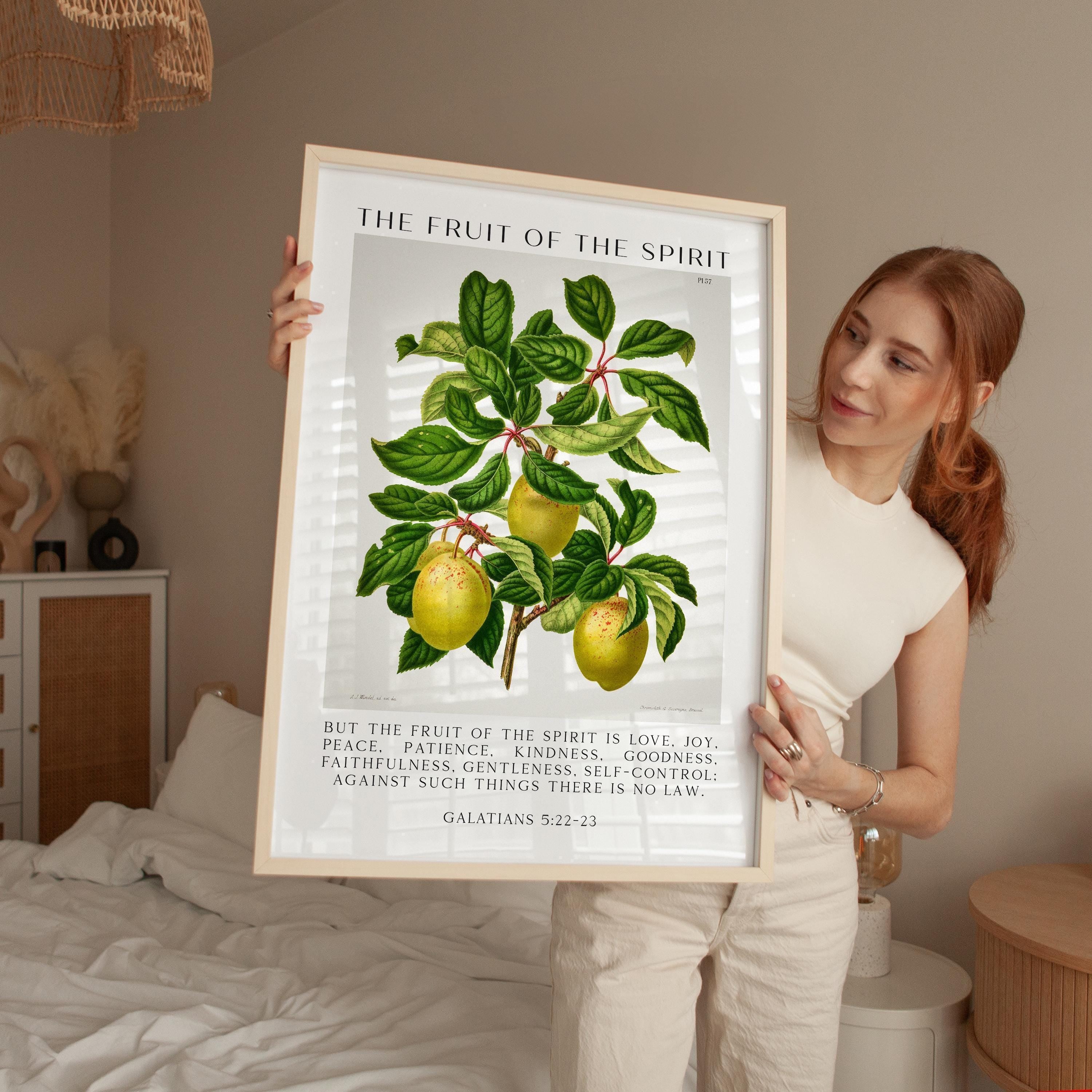 Fruit of the Spirit Typography Wall Art,  Galatians 5:22–23 Scripture Print,  Christian Botanical Plum Illustration Home Décor