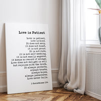 1 Corinthians 13:4 Love is Patient Canvas Print, Scripture Typography Wall Art