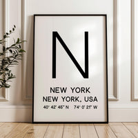 New York Typography Print, NYC Minimalist Wall Art, GPS Coordinates