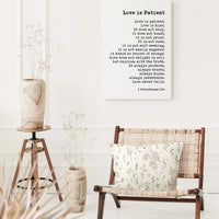 1 Corinthians 13:4 Love is Patient Canvas Print, Scripture Typography Wall Art