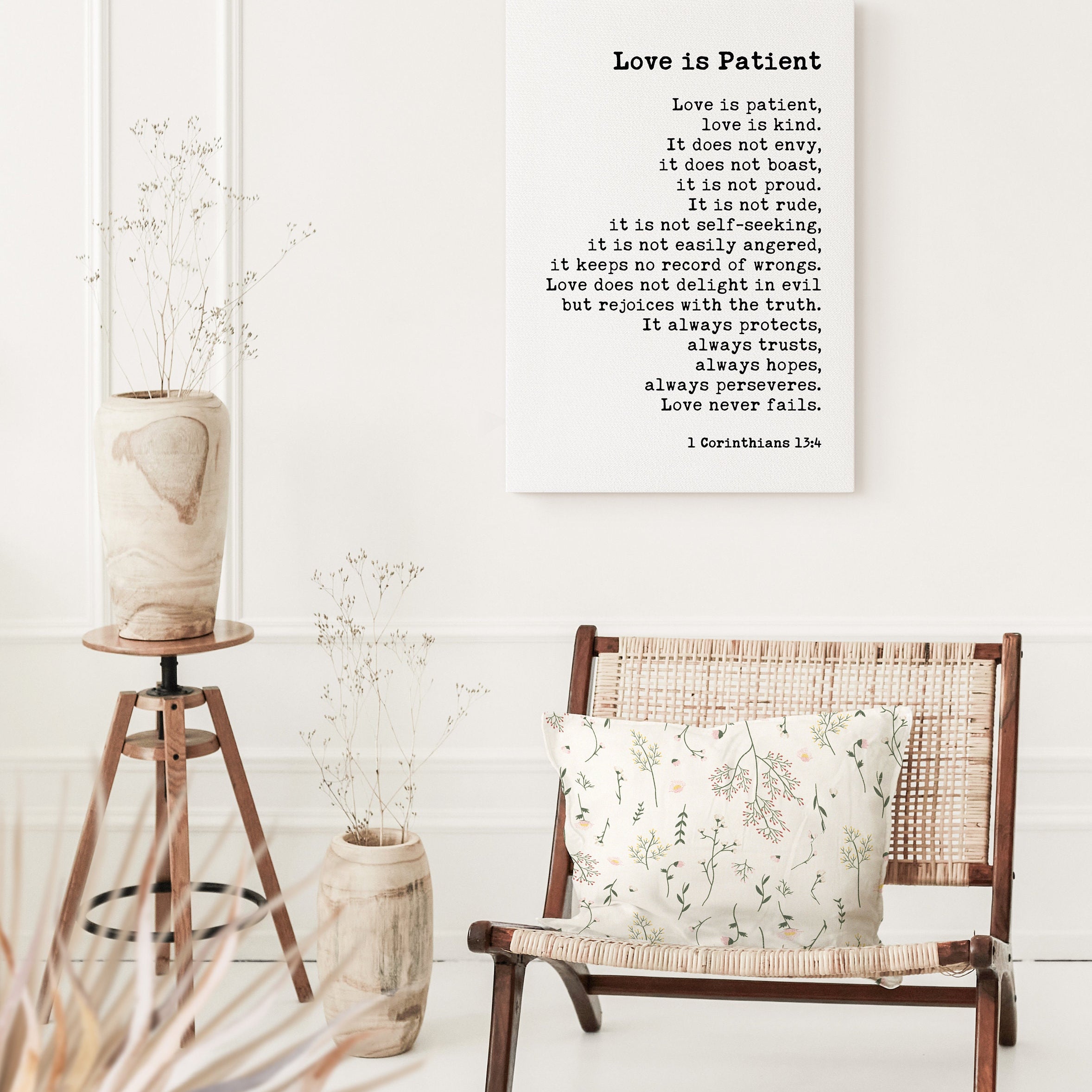 1 Corinthians 13:4 Love is Patient Canvas Print, Scripture Typography Wall Art