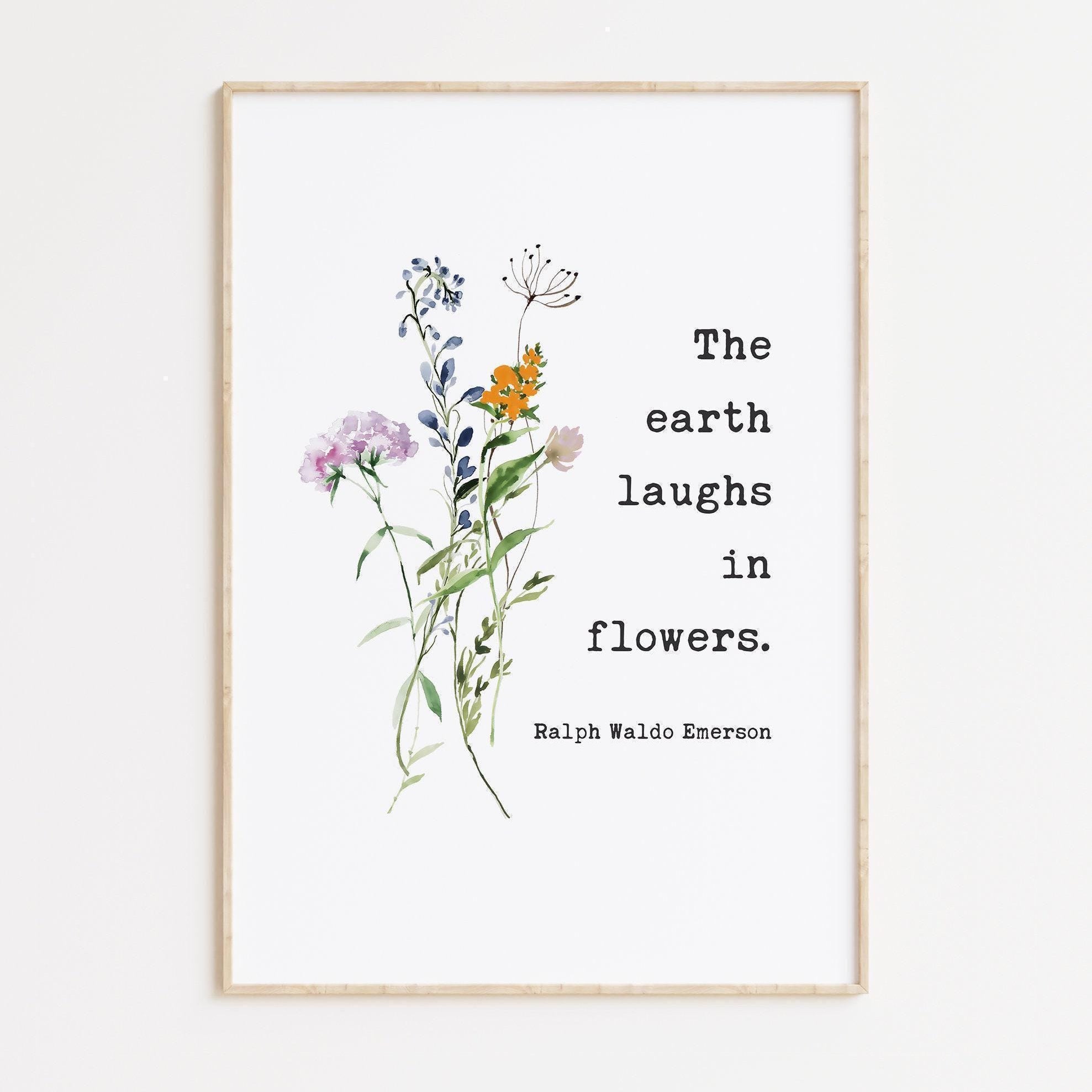 Ralph Waldo Emerson Quote,  The earth laughs in flowers. Typography Art Print with Wildflowers - Inspiration (1846)