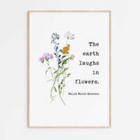 Ralph Waldo Emerson Quote,  The earth laughs in flowers. Typography Art Print with Wildflowers - Inspiration (1846)