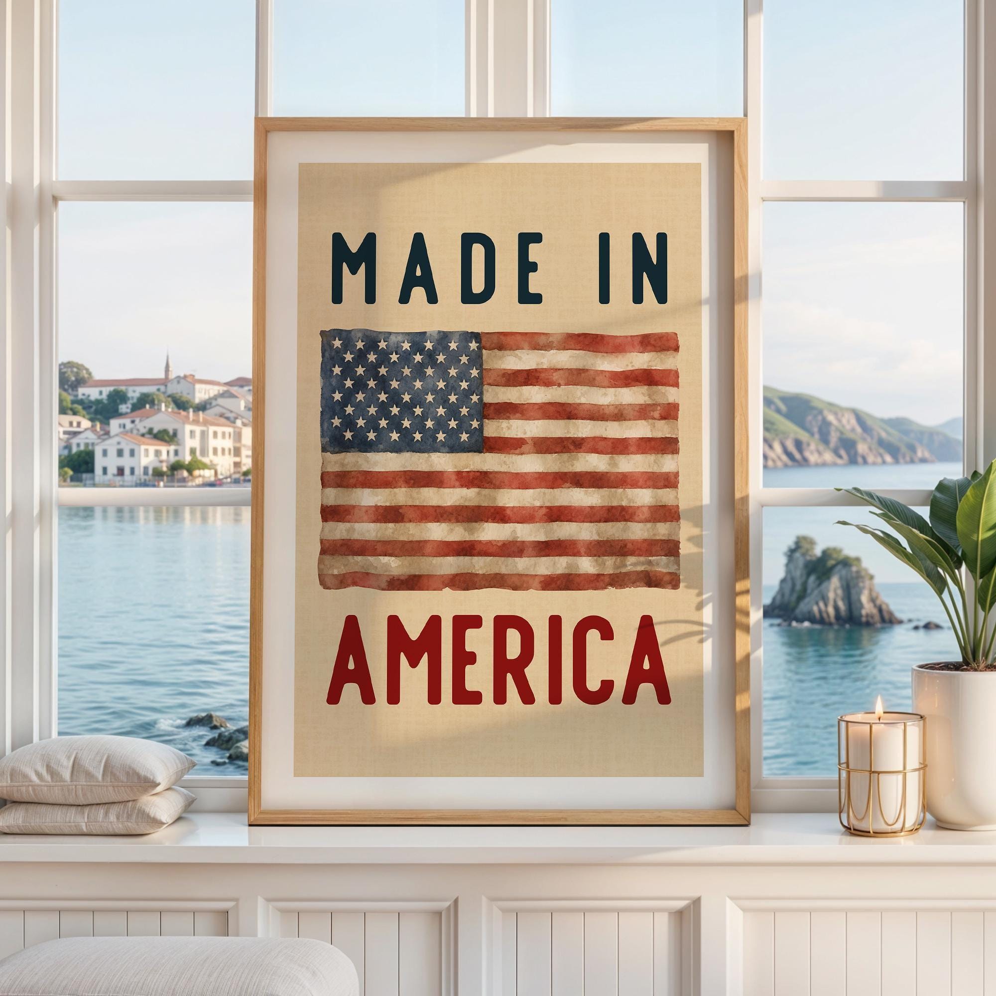 May include: A framed vertical wall art print featuring a beige background with the text MADE IN in dark blue at the top and AMERICA in red at the bottom. Centered between the text is a watercolor-style illustration of the United States flag.