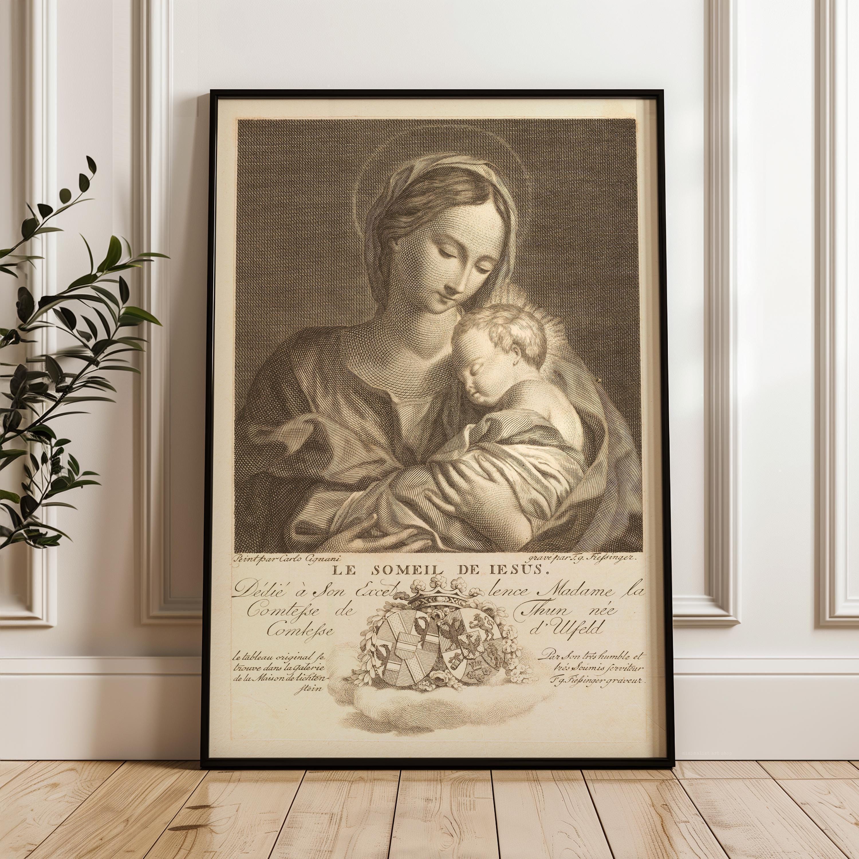 Le Sommeil de Jésus Vintage Art Print,  Virgin Mary & Baby Jesus - 1774 Engraving