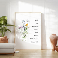 Psalm 46:5 God is within her, she will not fall. Typography Art Print with Wildflowers,  Faith,  Gift,  Christian