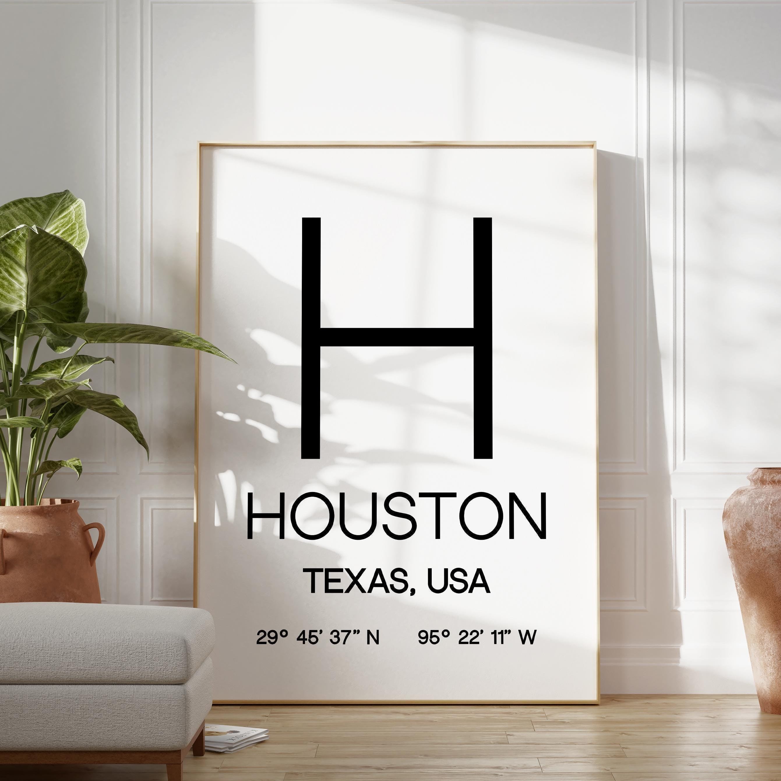Houston, Texas with GPS Coordinates Typography Art Print,  Office,  Home Decor,  Restaurant,  Apartment,  Condo • Gift