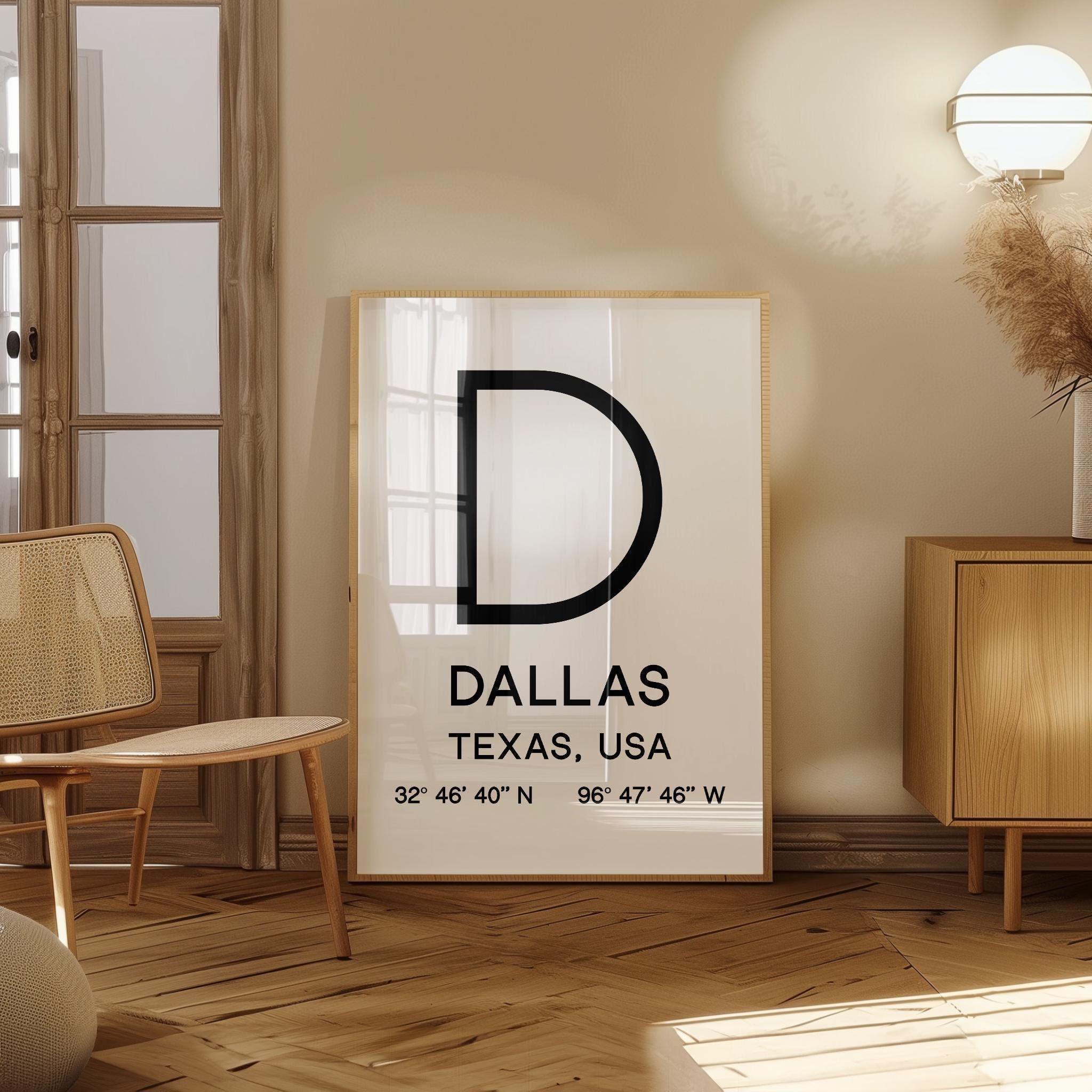 Dallas, Texas with GPS Coordinates Minimalist Art Print,  Travel,  Decor