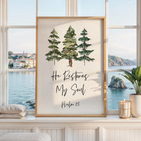 He Restores My Soul,  Psalm 23,  Watercolor Trees,  Typography Art Print