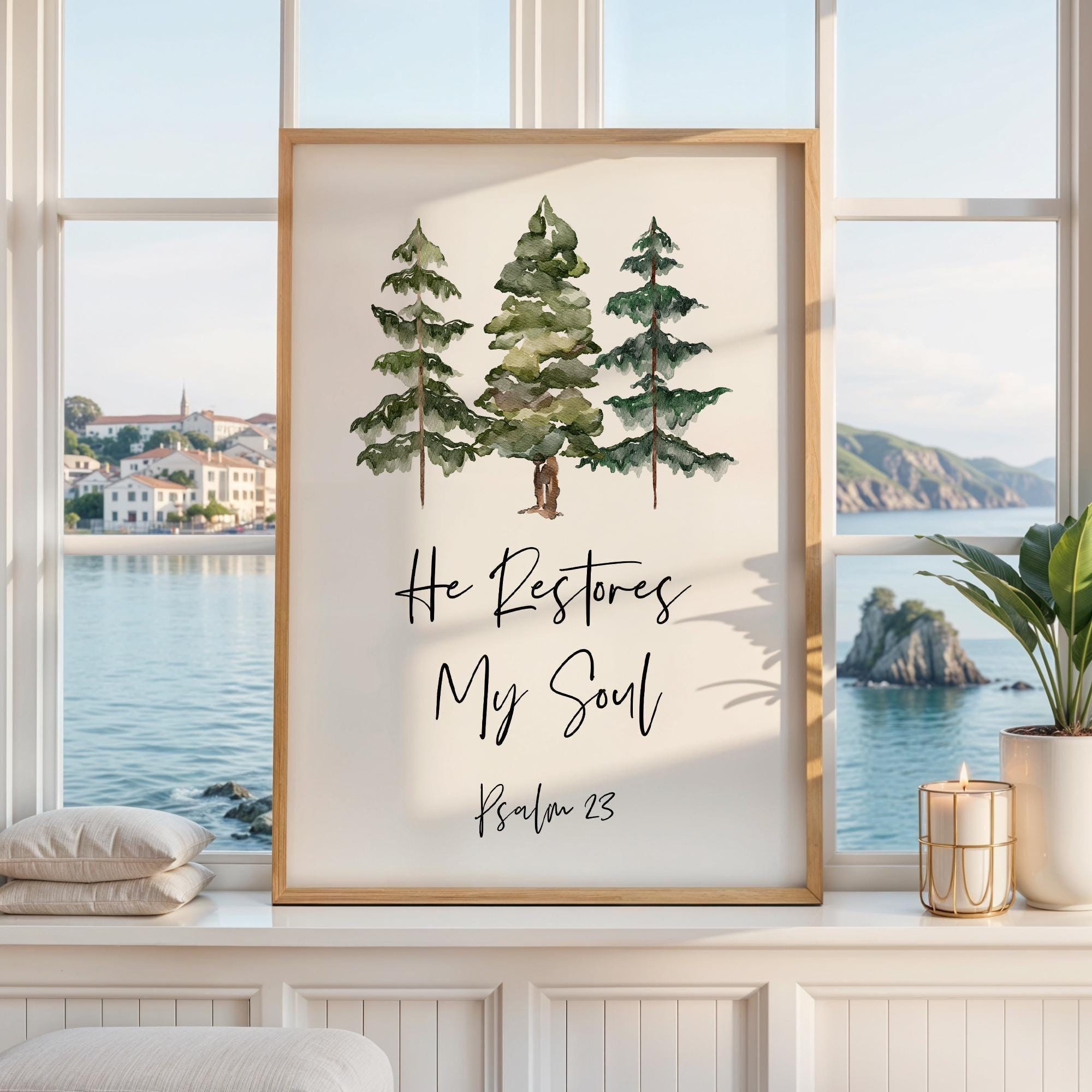 He Restores My Soul,  Psalm 23,  Watercolor Trees,  Typography Art Print