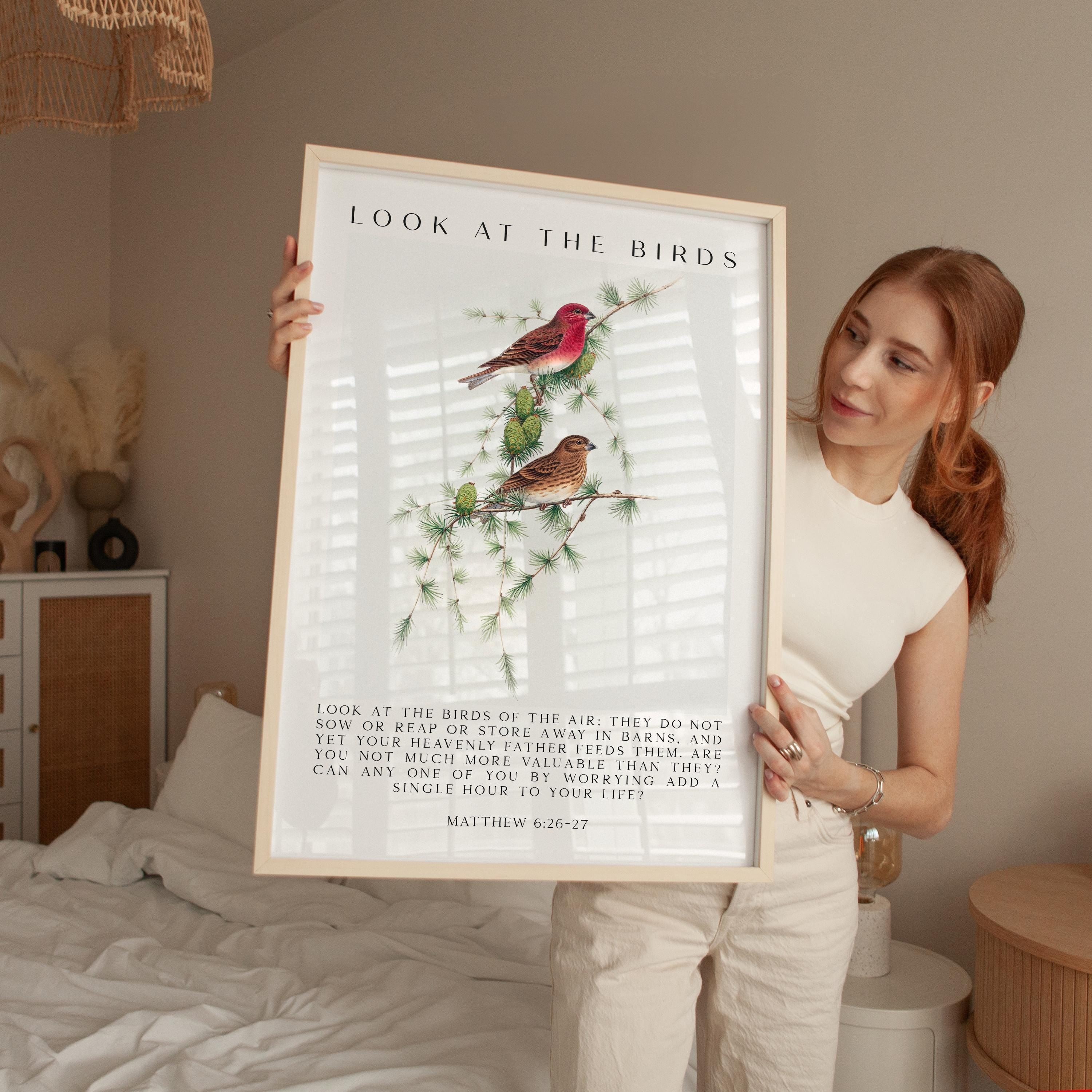 Matthew 6:26-27 Bible Verse Print, Look at the Birds Scripture Wall Art