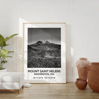 Mount Saint Helens Washington USA with GPS Coordinates Black & White Photography Art Print,  Travel - Hiking - Nature - Wildflowers