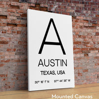 Austin, Texas with GPS Coordinates Typography Art Print