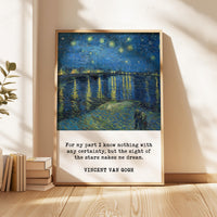 The image is a framed painting depicting a night sky with stars, with a quote by Vincent Van Gogh below it.