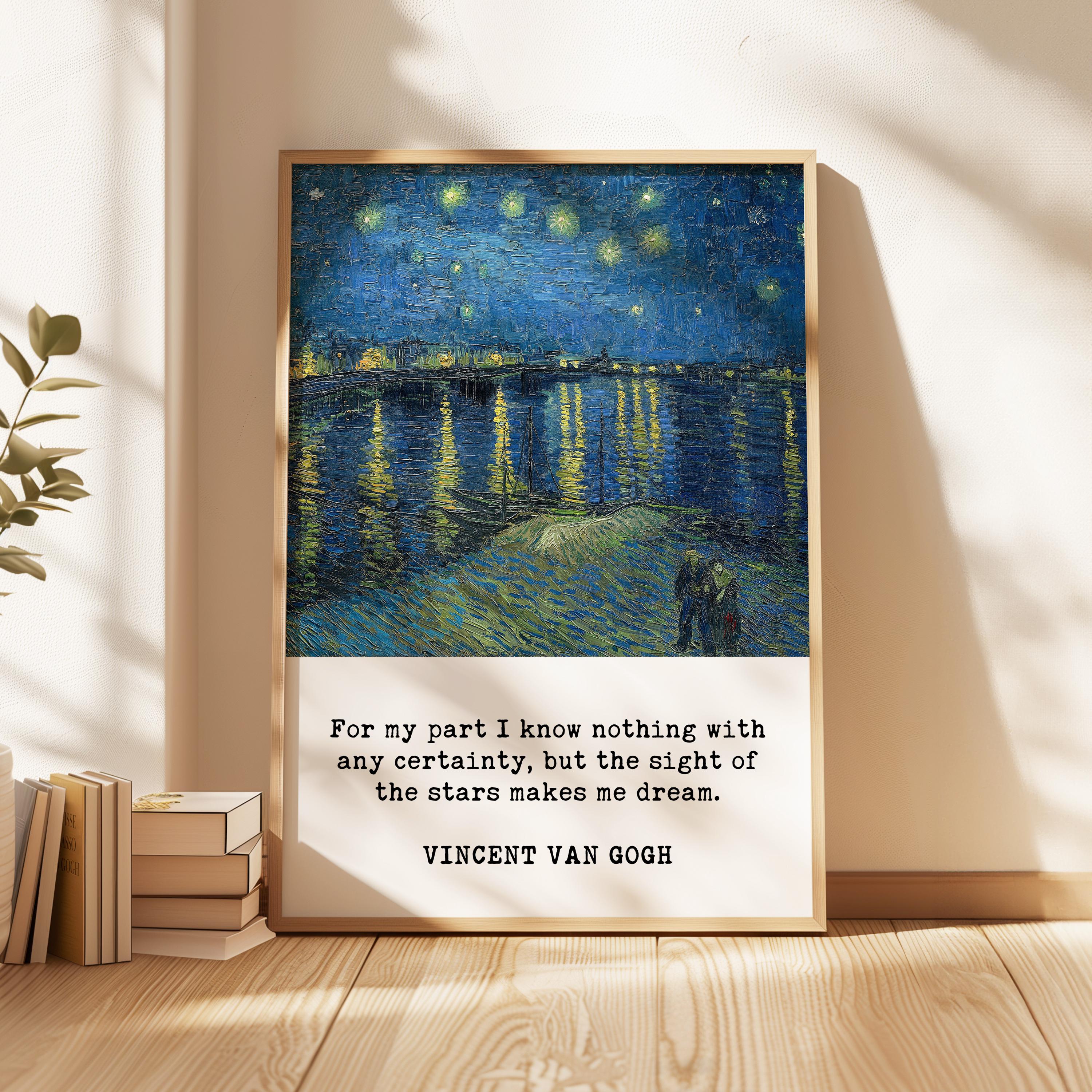 The image is a framed painting depicting a night sky with stars, with a quote by Vincent Van Gogh below it.