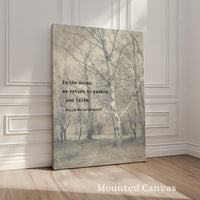 In the woods, we return to reason and faith. • Ralph Waldo Emerson Quote • Bos met berkebomen  • Typography Art Print • Nature (1836)