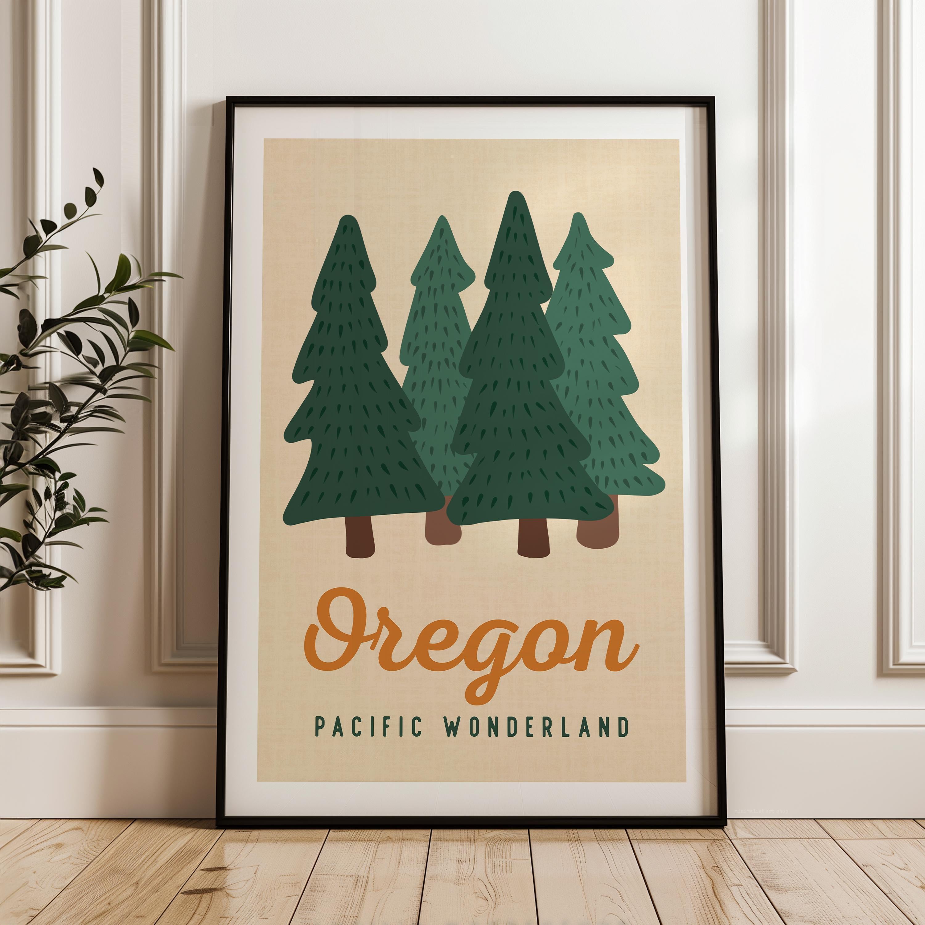 Oregon Pacific Wonderland Retro Art Print, Forest Trees, PNW Travel, Travel Gift Decor