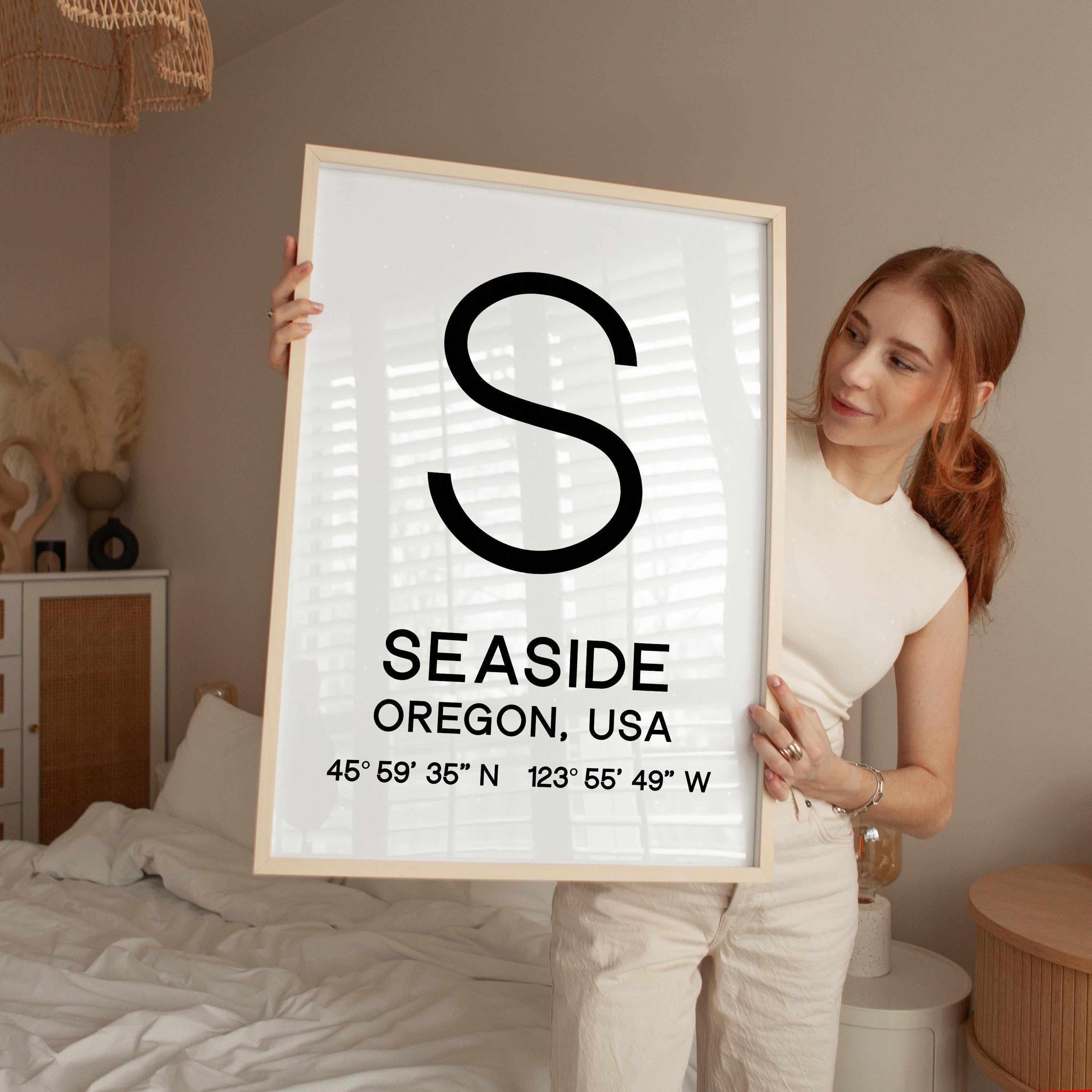 Seaside, Oregon with GPS Coordinates Minimalist Art Print,  Travel,  Coast