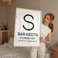 Sarasota, Florida with GPS Coordinates Minimalist Typography Art Print