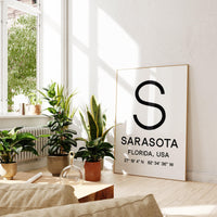 Sarasota, Florida with GPS Coordinates Minimalist Typography Art Print
