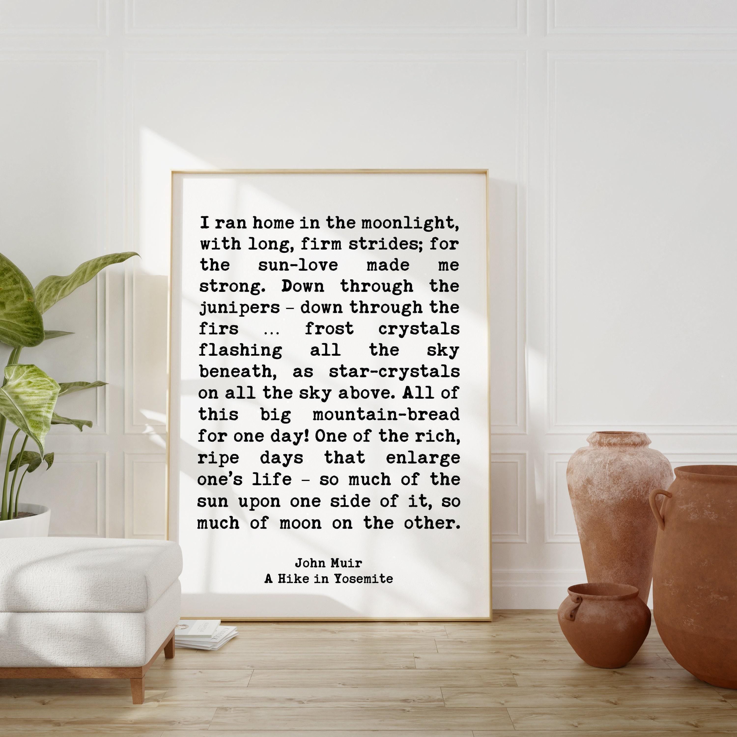 John Muir Quote I ran home in the moonlight, with long, firm strides; for the sun•love made me strong.  Art Print - A Hike in Yosemite