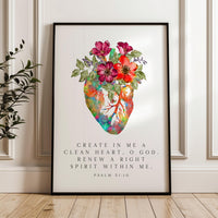 Psalm 51:10 Wall Art, Create In Me Clean Heart Print, Christian Floral Bible Decor