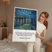 A woman holds a framed painting of a starry night sky, with a quote attributed to Vincent Van Gogh about the beauty of the stars.