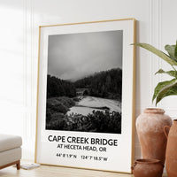 Cape Creek Bridge At Heceta Head, Oregon with GPS Coordinates Black & White Art Print,  Travel - Oregon - Hwy 101 - Oregon Coast