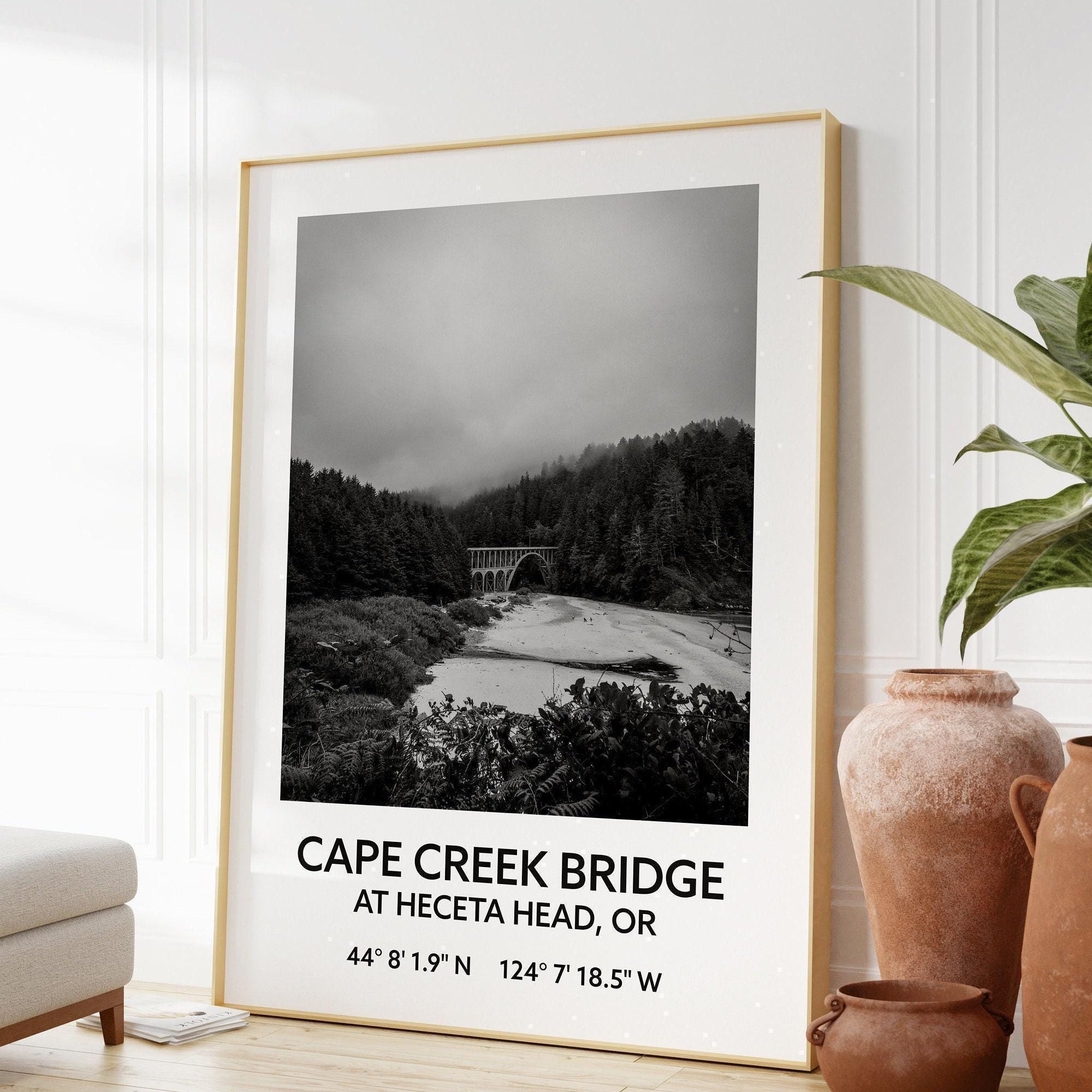 Cape Creek Bridge At Heceta Head, Oregon with GPS Coordinates Black & White Art Print,  Travel - Oregon - Hwy 101 - Oregon Coast
