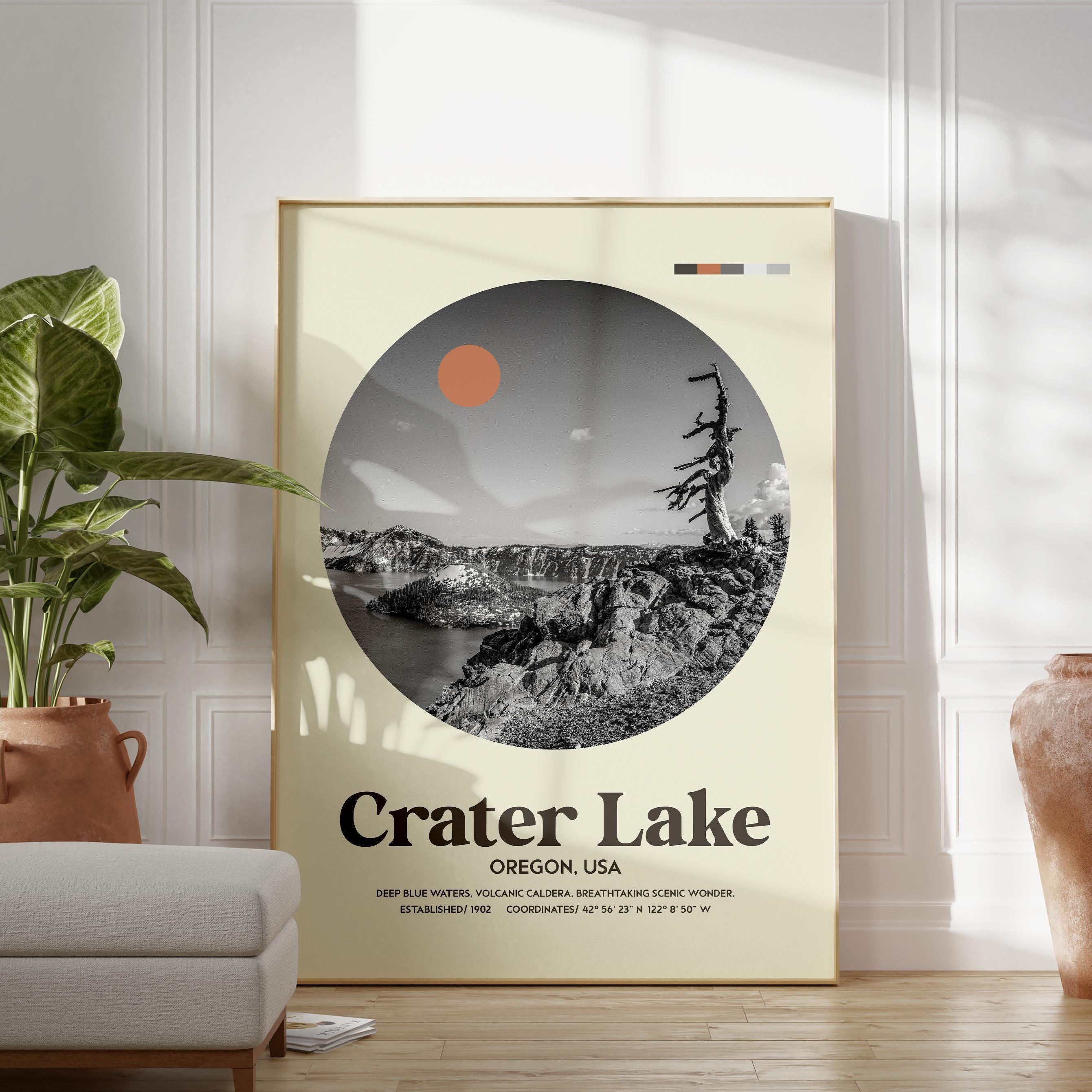 Crater Lake, Oregon,  Mid•Century Modern,  Featuring GPS Coordinates,  Typography Art Print