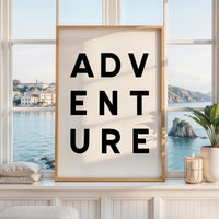 Adventure Typography Wall Art, Minimalist Black and White, Modern Travel Decor Print