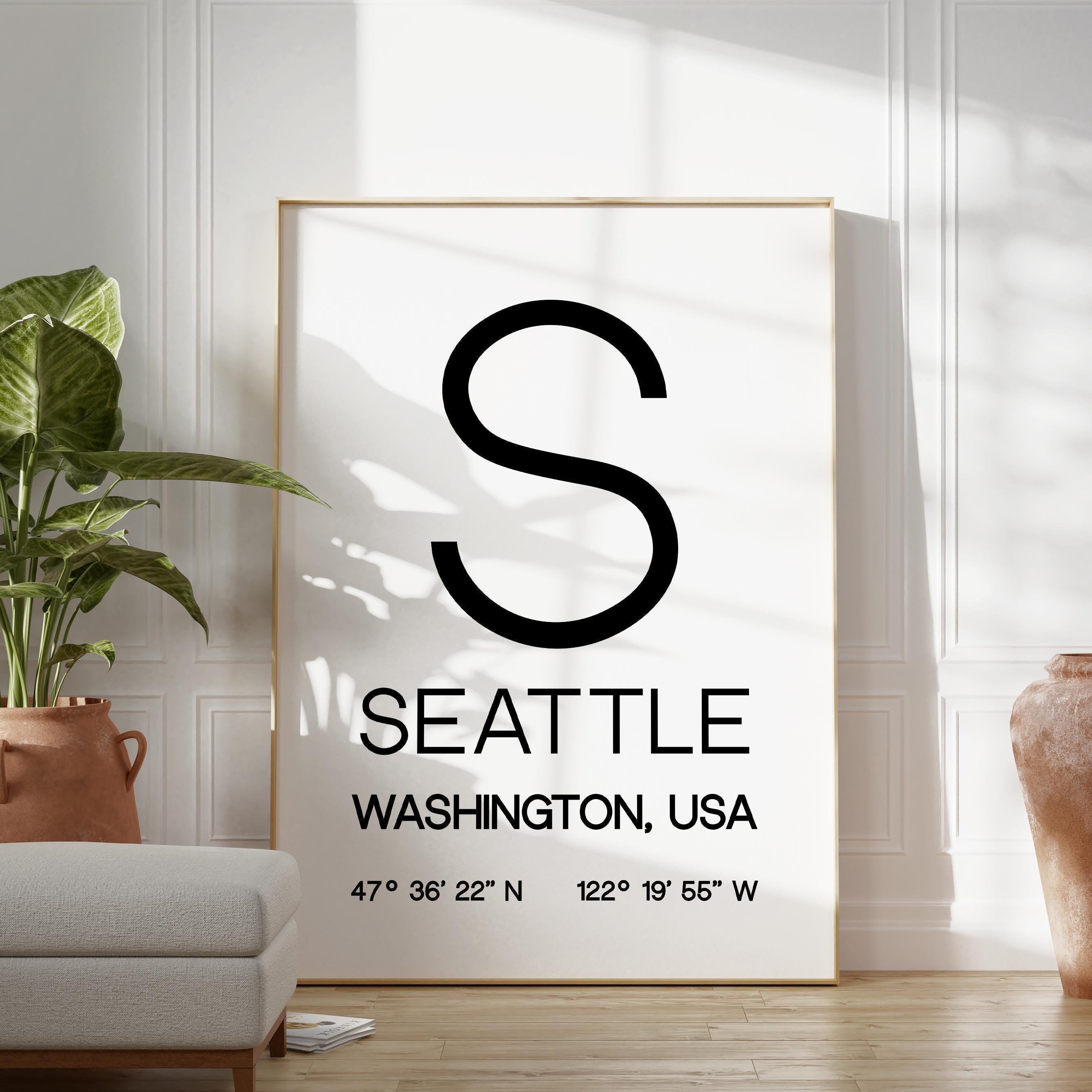 Seattle, Washington with GPS Coordinates Typography Wall Art Print,  Office,  Home Decor,  Restaurant,  Apartment,  Condo • Gift